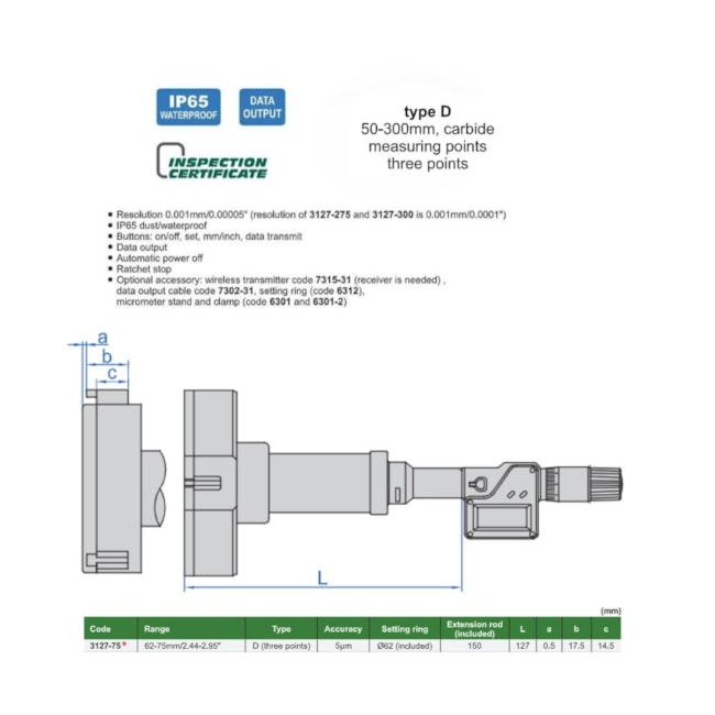 Micrômetro Interno Digital 3 Pontas 62 a 75mm 0.001mm 3127-75 INSIZE-8f6bfd24-eea3-4d44-8481-9085e25263c1