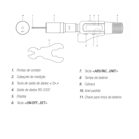 Micrômetro Interno Digital c/ 2 Pontas de Contato 4 a 5mm 0.001mm/.00005
