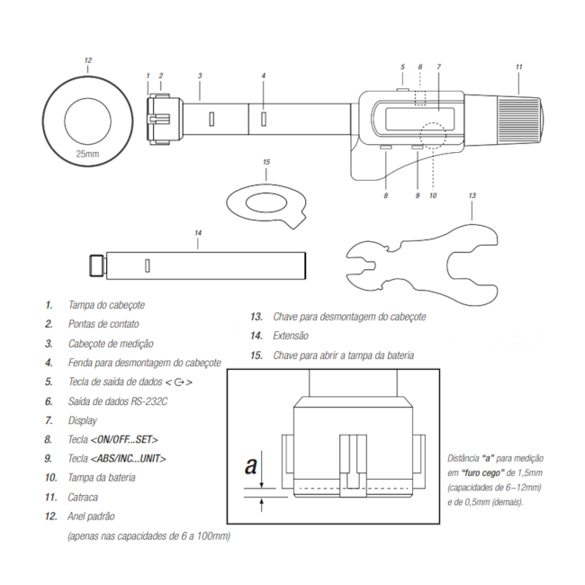 Micrômetro Interno Digital c/ 3 Pontas de Contato 40 a 50mm 0.001mm/.00005