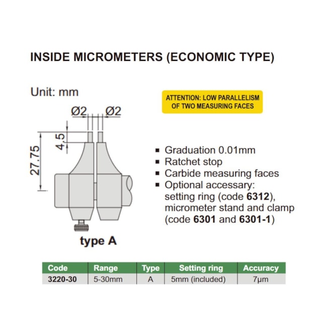 Micrômetro Interno Tipo Paquímetro 0 a 30mm 0.01mm 3220-30 INSIZE-779a2d0e-4476-4af9-9ce3-43ee08afd89c