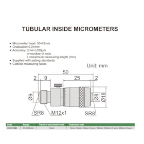 Micrômetro Interno Tubular 50 a 1500mm 0.01mm 3222-1500 INSIZE