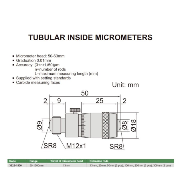 Micrômetro Interno Tubular 50 a 1500mm 0.01mm 3222-1500 INSIZE-eb87926d-60e8-448c-8c11-476d718f0981