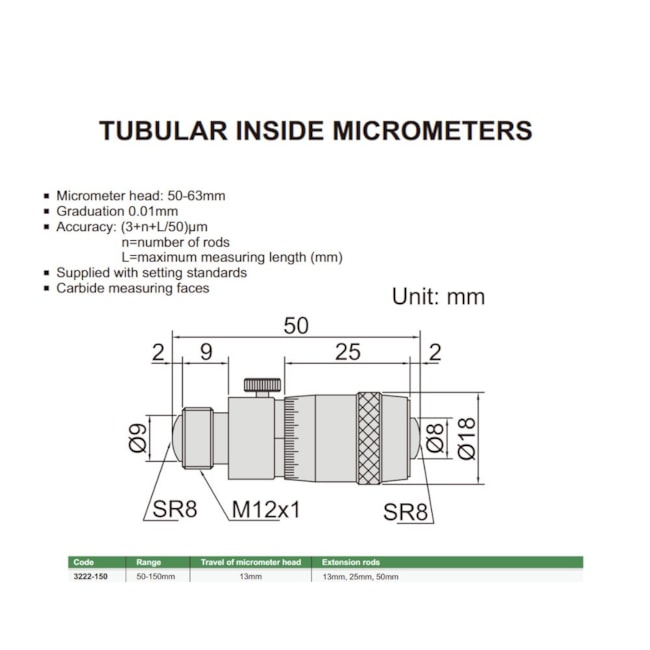 Micrômetro Interno Tubular 50 a 150mm 0.01mm 3222-150 INSIZE-6a3c676f-f3c1-46ef-81ff-5b5f07ef6d47