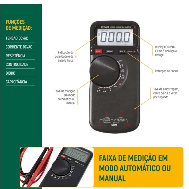 Multímetro Digital 10A (AC/DC) CAT III 600V ST03055 SATA-0f9c578d-3d1b-453c-9ed4-91544a5ec7a6