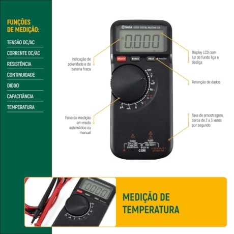 Multímetro Digital Clássico Medição de Temperatura 10A (AC/DC) CAT III 600V ST03057 SATA-1ad51c29-d0ff-488a-a18b-d9e35f31c5c6