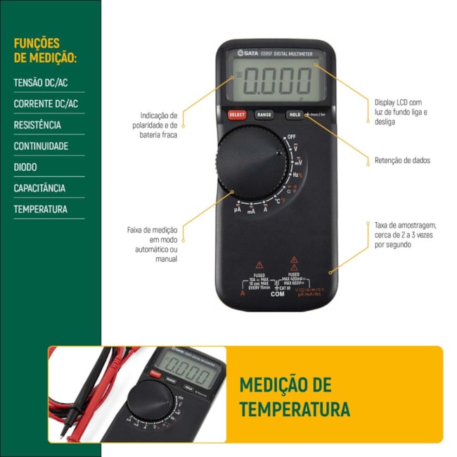 Multímetro Digital Clássico Medição de Temperatura 10A (AC/DC) CAT III 600V ST03057 SATA-5724fd19-0246-420a-9e66-d5be2f882e3d