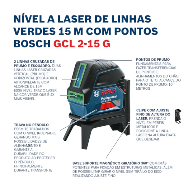 Nível a Laser 2 Linhas 15 Metros Verde com Suporte GCL 2-15 G BOSCH-e6e9946a-64b4-4fcb-a967-d7a9652a5454