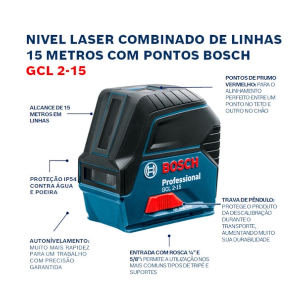 Nível a Laser 2 Linhas 15 Metros Vermelho com Suporte GCL 2-15 BOSCH -431dbdf1-7b8f-4885-aa41-331b6df30a23