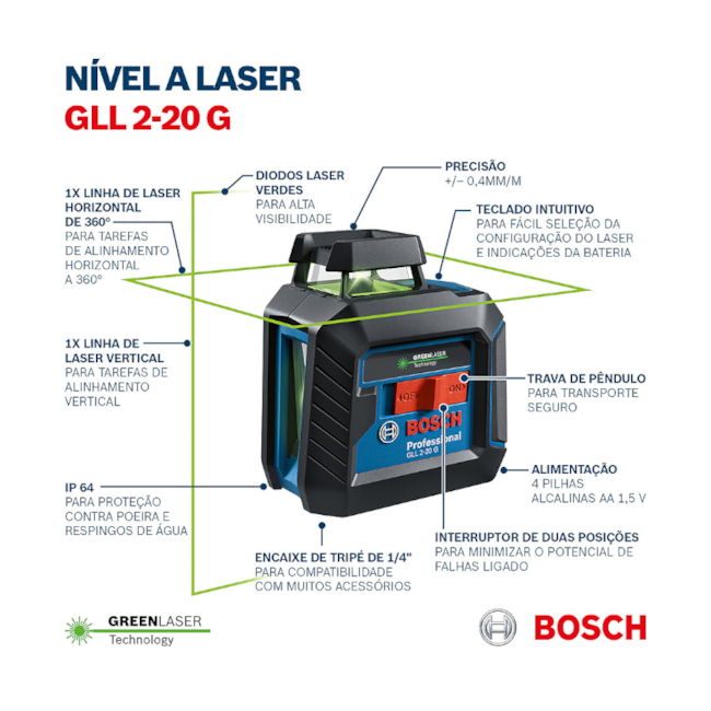 Nível a Laser 2 Linhas Verdes 360º 10 Metros c/ Tripé BT150 e Bolsa GLL 2-20 G BOSCH-1a681f39-f35a-4e57-80e0-ea7a0fcdbd4c