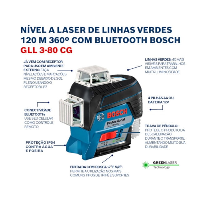 Nível a Laser com 3 Linhas Verdes 30 Metros e Receptor LR7 GLL3-80 CG BOSCH-67870a96-42c6-4d0d-bbed-68fb5c221d03