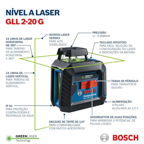 Nível a Laser de 2 Linhas Verdes 10m com Tripé e Pilha Recarregável GLL 2-20 G BOSCH-6d086a7b-5d75-434a-9b6c-165e36d1b5ff