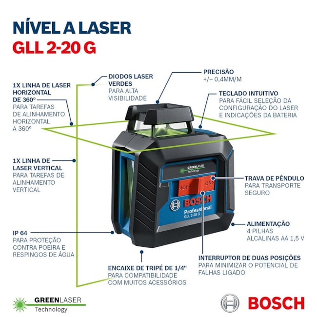 Nível a Laser de 2 Linhas Verdes 10m com Tripé e Pilha Recarregável GLL 2-20 G BOSCH-5d5b0a59-bfde-4e11-94f7-8e6f0affb10d