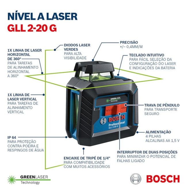 Nível a Laser de 2 Linhas Verdes 10m com Tripé e Pilha Recarregável GLL 2-20 G BOSCH-a6fb08a8-208a-4318-a229-2dbbd02ca70f