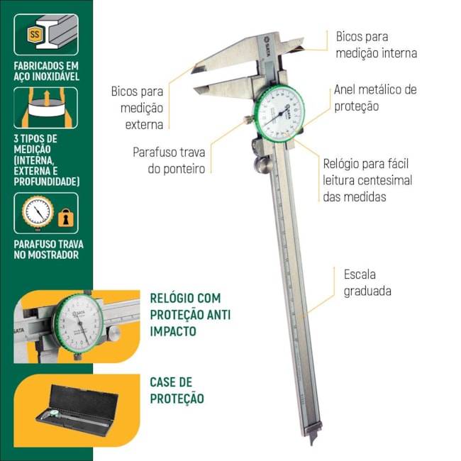 Paquímetro Analógico Bico Interno / Externo 0.00-150mm com Relógio ST91521SC SATA-53697a49-101e-4cc7-bddc-e3a01ffc32f7
