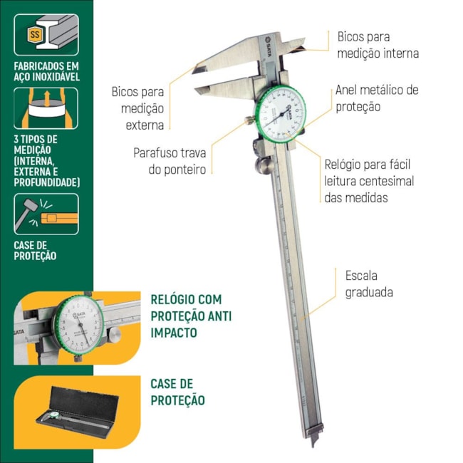 Paquímetro Analógico Bico Interno / Externo 0.00-200mm com Relógio ST91522SC SATA-28cf909e-a07c-4021-b4e4-ca5bf7e169c1