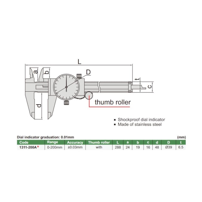 Paquímetro com Relógio 0-200mm 0.01mm 1311-200A INSIZE-5543411e-804c-4a5b-9ad8-402b08ec73c0
