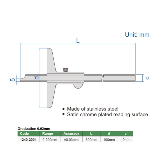 Paquímetro de Profundidade com Nônio (Tipo Padrão) 200mm 0.02mm 1240-2001 INSIZE-d385a39f-fbcb-4ab0-8d98-bbc3f9e3af78