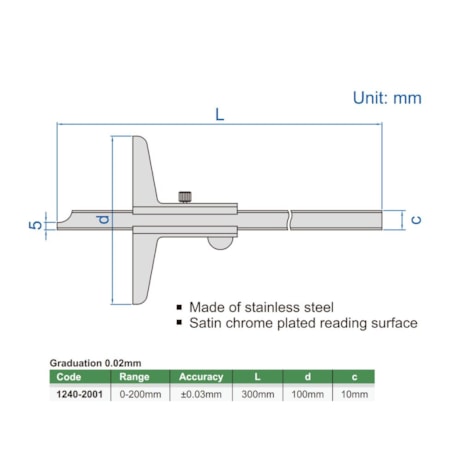 Paquímetro de Profundidade com Nônio (Tipo Padrão) 200mm 0.02mm 1240-2001 INSIZE-a5301bf9-25aa-4d13-85f1-68c1a9c290aa
