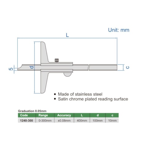 Paquímetro de Profundidade com Nônio (Tipo Padrão) 300mm 0.05mm 1240-300 INSIZE-9c278e8f-81eb-4d3c-9131-2d10dd544950