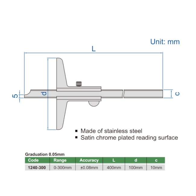 Paquímetro de Profundidade com Nônio (Tipo Padrão) 300mm 0.05mm 1240-300 INSIZE-10030f13-d3c0-4676-ae63-763f217847f5