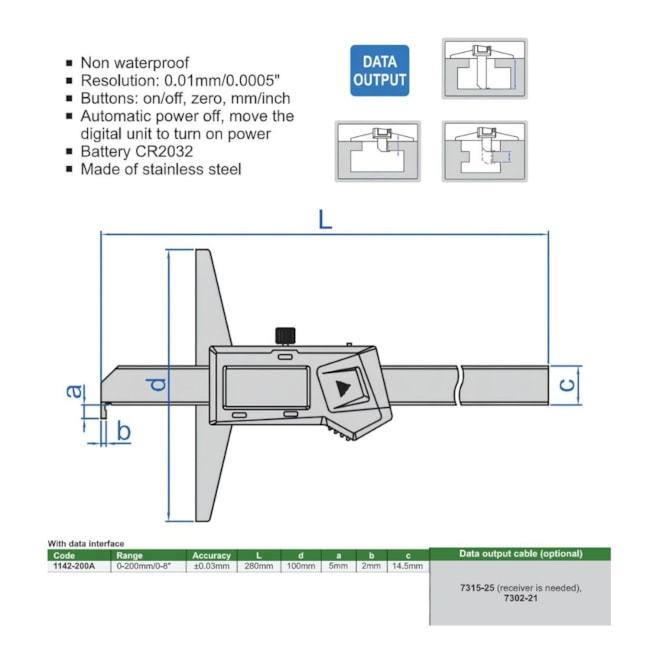 Paquímetro de Profundidade Digital 200mm 0.01mm com Gancho 1142-200A INSIZE-026a6e61-de7a-45d9-8758-d14c467d8439