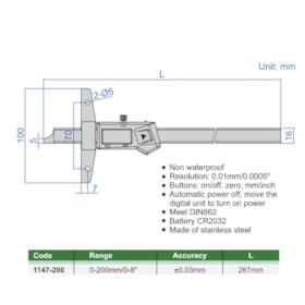 Paquímetro de Profundidade Digital 200mm/0-8