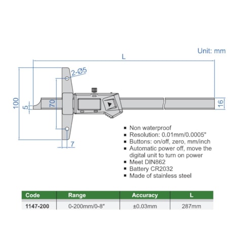 Paquímetro de Profundidade Digital 200mm/0-8