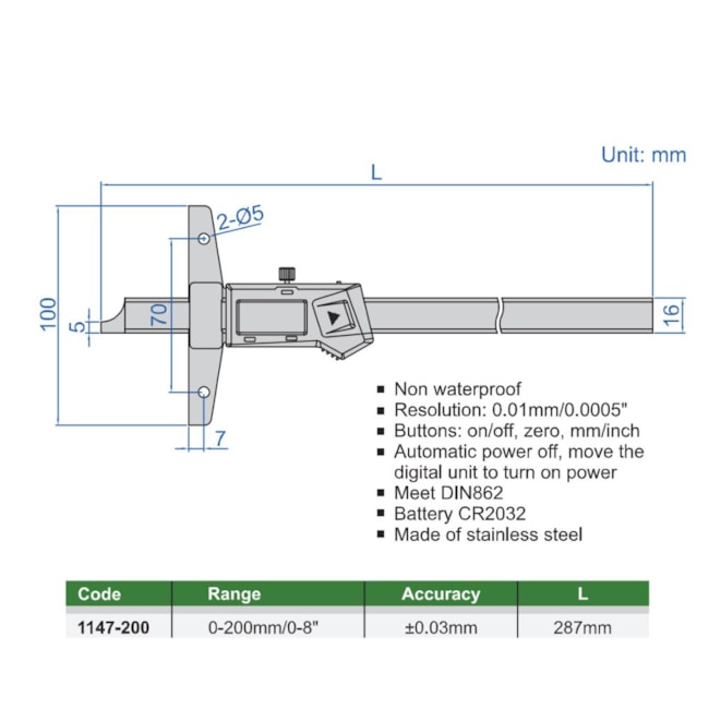 Paquímetro de Profundidade Digital 200mm/0-8