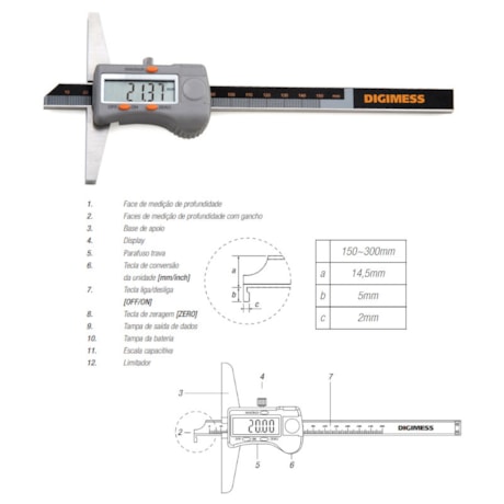 Paquímetro de Profundidade Digital 200mm/8