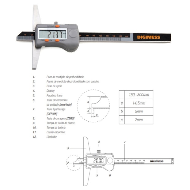 Paquímetro de Profundidade Digital 200mm/8