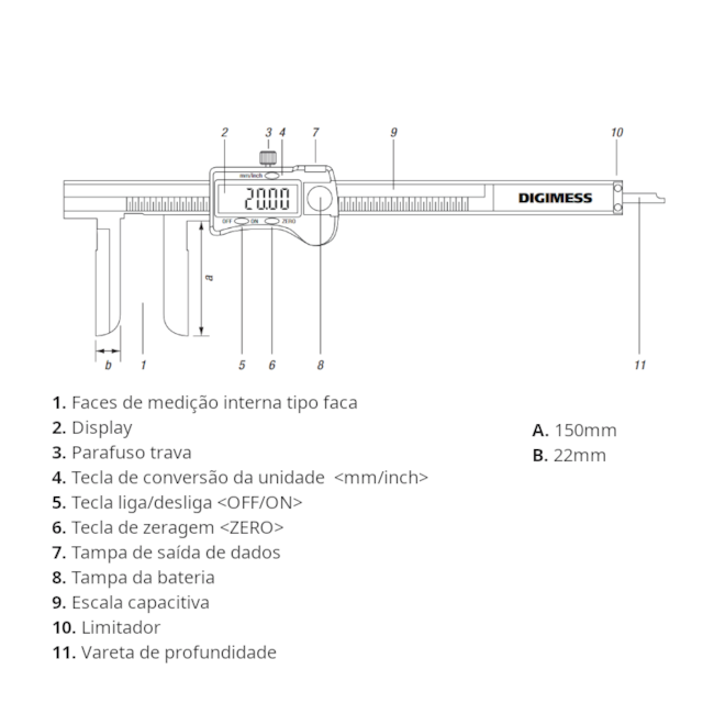 Paquímetro Digital com Bico Tipo Faca 24 a 150mm 100.270 DIGIMESS-394929e8-36c9-43c8-bfaf-32a5c7d14ead