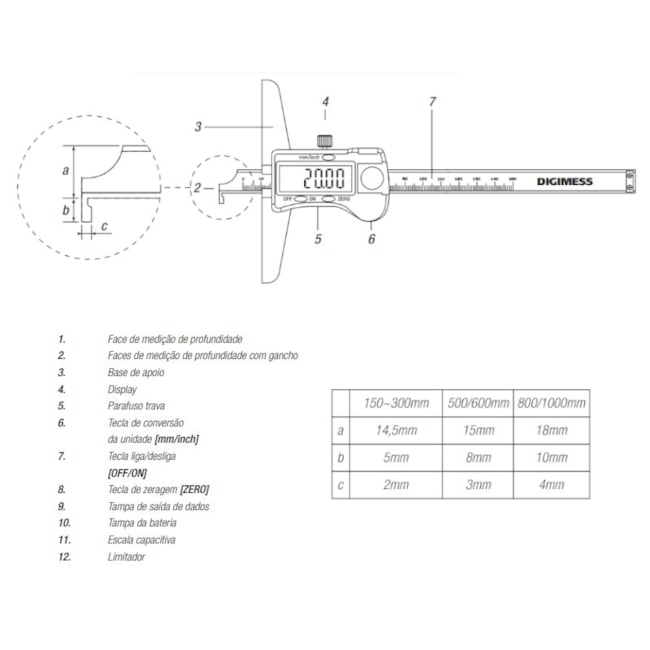 Paquímetro Digital de Profundidade 500mm/20
