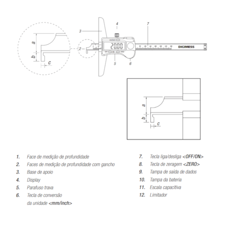 Paquímetro Digital de Profundidade com Gancho 200mm/8