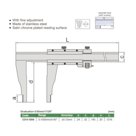Paquímetro Pesado com Nônio (Tipo Separado) 1000mm/40