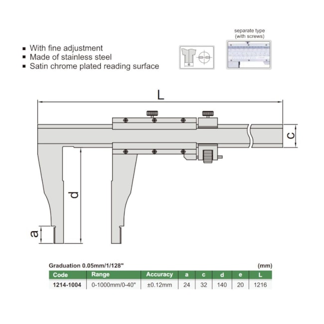 Paquímetro Pesado com Nônio (Tipo Separado) 1000mm/40