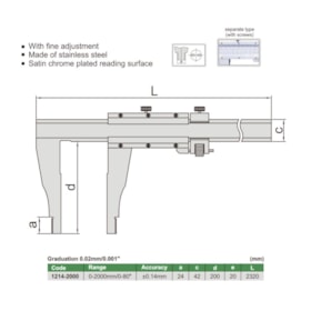 Paquímetro Pesado com Nônio (Tipo Separado) 2000mm/80