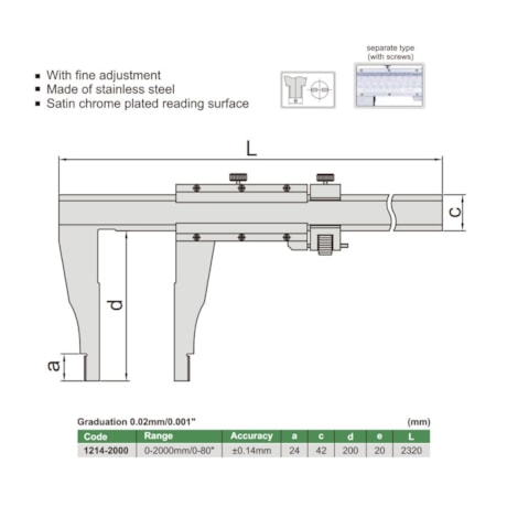 Paquímetro Pesado com Nônio (Tipo Separado) 2000mm/80