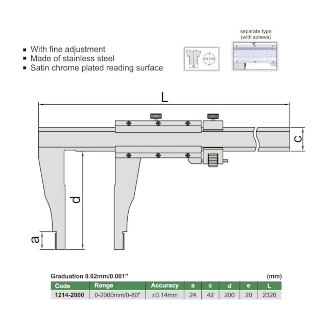 Paquímetro Pesado com Nônio (Tipo Separado) 2000mm/80