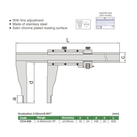 Paquímetro Pesado com Nônio (Tipo Separado) 450mm/18