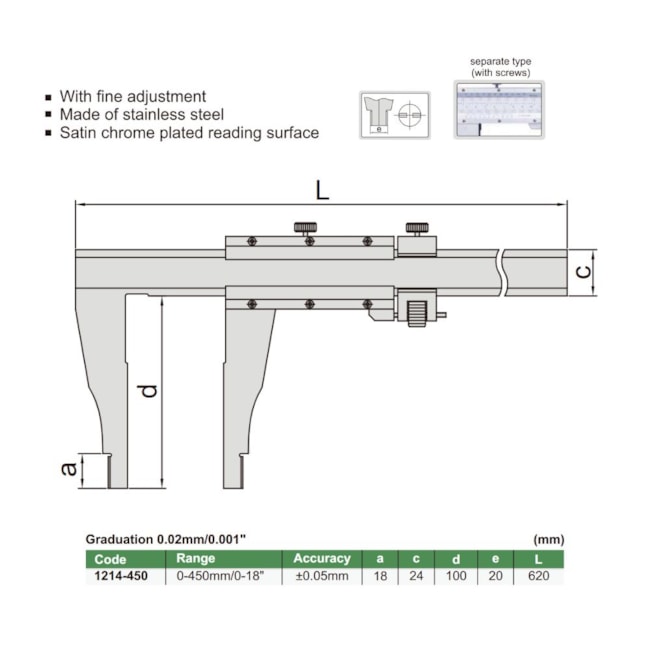 Paquímetro Pesado com Nônio (Tipo Separado) 450mm/18