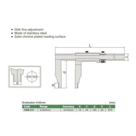 Paquímetro Pesado com Nônio (Tipo Sólido) 500mm 0.02mm 1208-511 INSIZE-82742656-e721-4574-9dd3-24c893d631a4