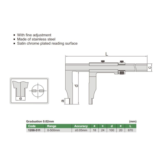 Paquímetro Pesado com Nônio (Tipo Sólido) 500mm 0.02mm 1208-511 INSIZE-405b9c6b-242a-471d-8a3e-6c3cabfa4561