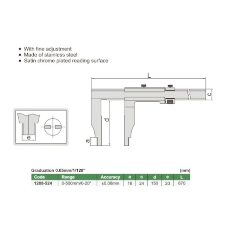 Paquímetro Pesado com Nônio (Tipo Sólido) 500mm/20
