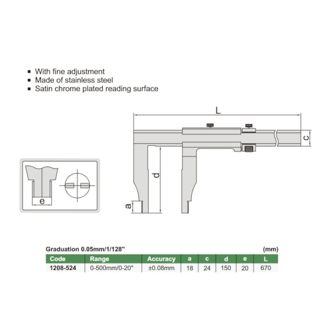 Paquímetro Pesado com Nônio (Tipo Sólido) 500mm/20