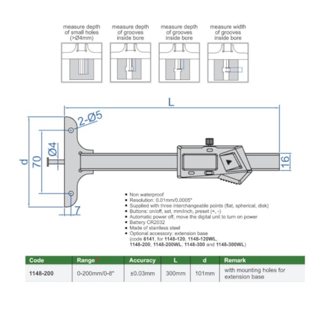 Paquímetro Profundidade Digital 0-200mm 0.01mm (Haste Redonda) 1148-200 INSIZE-fe3af8f1-ba57-4392-b048-032f72338f7d