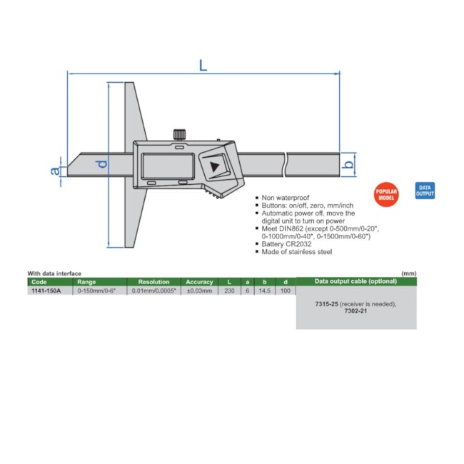 Paquímetro Profundidade Digital 150mm 0.01mm 1141-150A INSIZE-ccb1676f-480b-4544-8fe2-db3b7eb290d7
