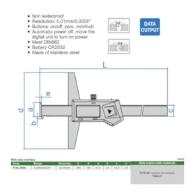 Paquímetro Profundidade Digital 200mm 0.01mm com Gancho 1144-200A INSIZE