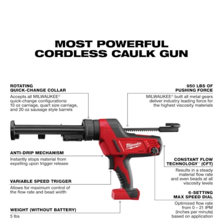 Pistola Aplicadora de Silicone 18V sem Bateria e sem Carregador 2641-20 MILWAUKEE