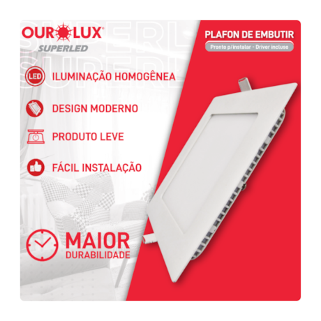 Plafon de Led para Embutir 18W 223x223mm 6400k Quadrado Bivolt 03207 OUROLUX-5f6dcba7-863e-4b0c-85e7-c10d2ae965ac