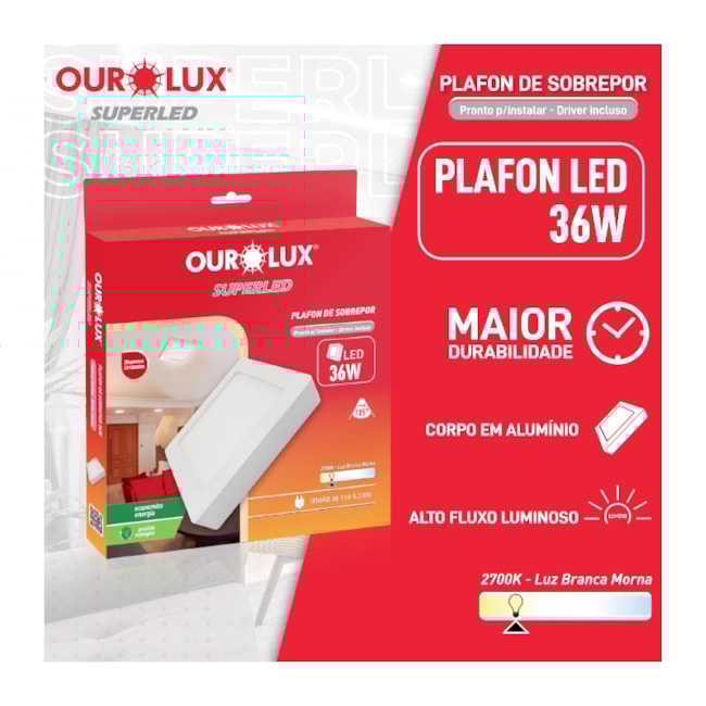 Plafon Superled para Sobrepor 36W Bivolt 2700K Branca Morna 400x400 Quadrado 03211A OUROLUX-4e4811a9-9e0c-4a7a-ace5-8c588a5c744f